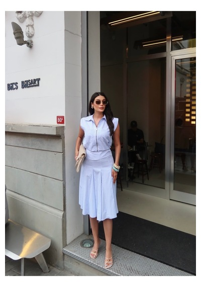 Kechi Woman Tricoton Poplin Kumaş Fermuarlı Bluz Etek Takım Mavi