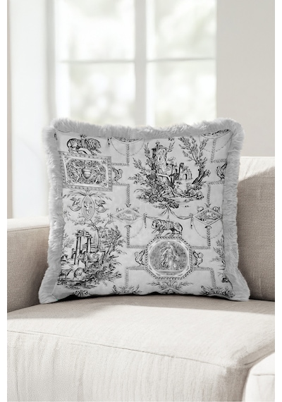 Vintage Toile De Jouy Saçaklı Yastık Kılıfı - Klasik Pastoral Gri Krem Vizon Püsküllü Kırlent Kılıfı Kahverengi