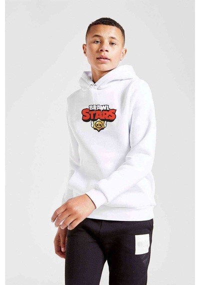 Tshirthane Brawl Stars Logo Baskılı Unisex Çocuk Kapüşonlu Beyaz Sweatshirt Beyaz