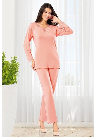 Faal 8607 Kadın Uzun Kollu Dantel Detaylı Pijama Takımı-somon SOMON