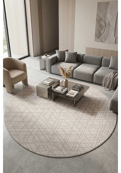 Geometrik Desenli Nar Yumuşak Dokulu Akrilik Yuvarlak Halı Nr02 Kemik Kemik-bej