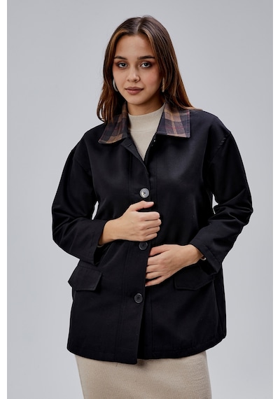 Mia Siyah Ekose Yaka Cepli Oversize Trençkot