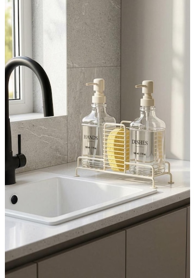 Digithome 2 Li Metal Standlı Cam Sıvı Sabun Ve Losyon Şişesi Sabunluk 500 Ml Krem B/1 C1-1-289