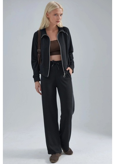 Hiccup Modal Dokulu Fermuarlı Sweatshirt & Pantolon İkili Takım Berşan Collection Siyah