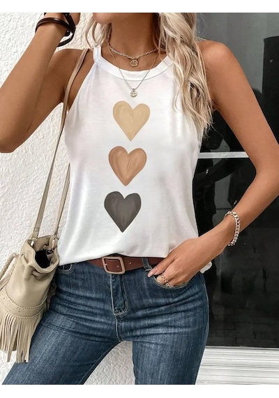 Moderie Butik Kadın Omuzlardan Açık Boyundan Askılı Kalp Baskılı Viskon Bluz Beyaz