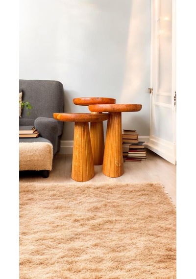 Wood Wooden Ahşap 3 Lü Set Fitilli Mantar Yan Sehpa Modern Açık Meşe Renk Fiskos Açık Meşe