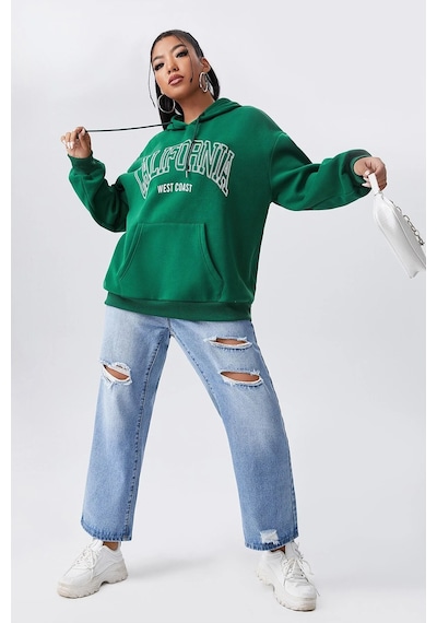 California Baskılı Oversize Sweatshirt Yeşil