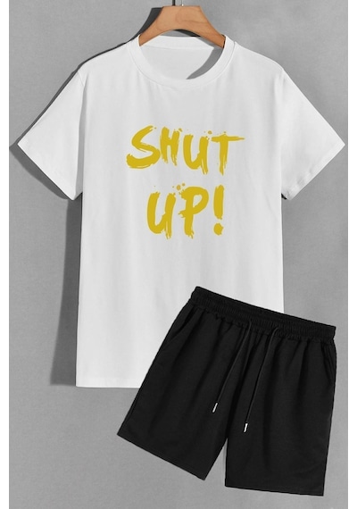 Uyguntarz Shut Up Şort T-shirt Eşofman Takımı Beyaz