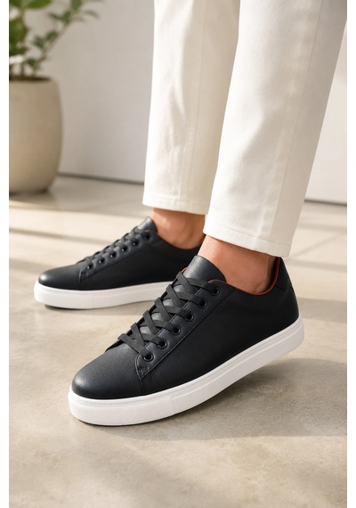 Mevese Austin Bağcıklı Cilt Erkek Günlük Sneaker Ayakkabı - Siyah Beyaz