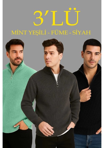 Novalisse Erkek Fitilli Triko Kazak 3 Lü Set Mint Yeşili Siyah Füme Kalın Dokuma Pamuklu Regular Fit Çoklu Renk