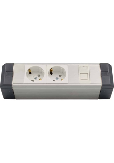 Amp Connect Alüminyum Profil Yatay Donatılmış Brotik 2'li Blok Priz + 1 Cat3 Telefon Veya Cat5 Cat6 Data Prizi