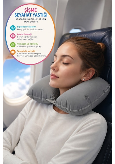 Gri Şişme Seyahat Boyun Yastığı Uçak Araç Kamp İçin Ergonomik Taşınabilir Travel Yastık