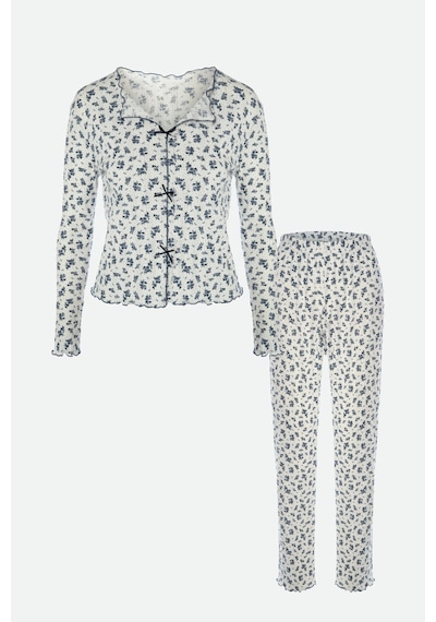Kadın Pamuklu Çıtır Çiçek Desenli Baby Overloklu Fiyonk Detaylı Uzun Kollu Pijama Takımı Ko70142 Lacivert - Beyaz