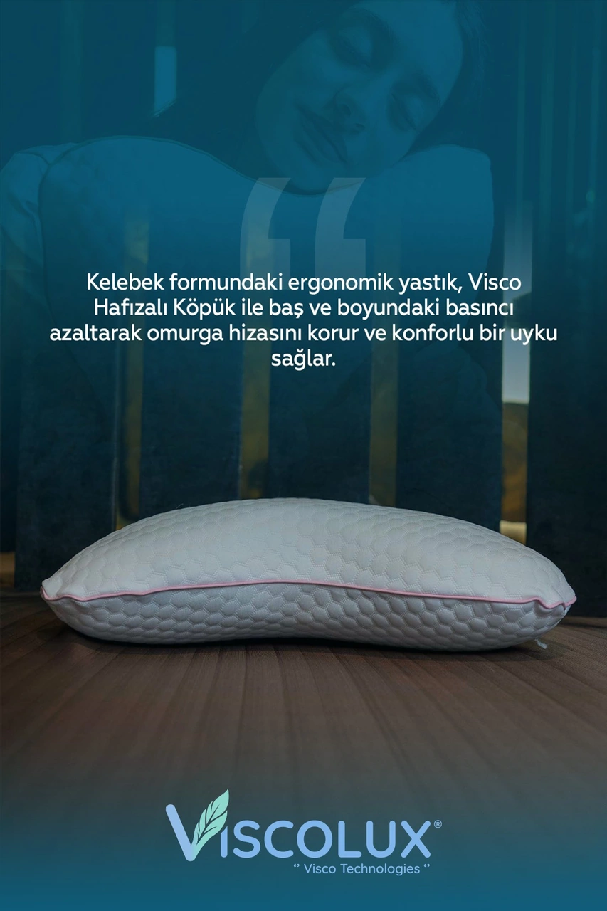 Visco Kelebek Yastık - Özel Ortopedik Boyun Destekli Visco Yastık 57x45x13 Pembe