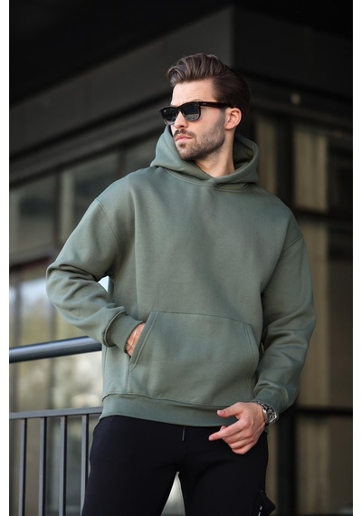 Madmext Haki Kapüşonlu Kanguru Cep Erkek Sweatshirt E7169 Haki