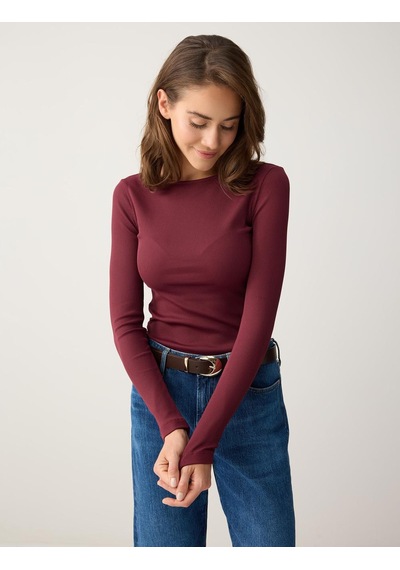 Jimmy Key Bordo Dar Kesim Uzun Kollu Kayık Yaka Örme Bluz 6sw035204562