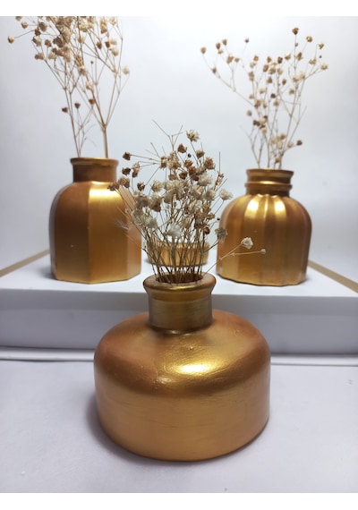 Modern Minimal Vazo Set 3'lü, Ev & Ofis Hediyelik, Dekoratif Obje, Gold