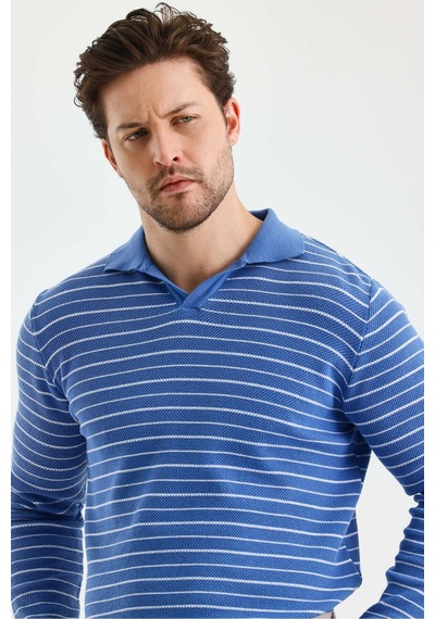 Cool Tarz Erkek Patlı Slim Fit Çizgi Detaylı Uzun Kollu Polo Yaka Triko Kazak Saks Saks