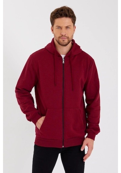 Barlashive Erkek 3 İplik Pamuklu Tam Fermuarlı Kapüşonlu Kanguru Cepli Düz Hoodie Sweatshirt - Bordo Çok Renkli