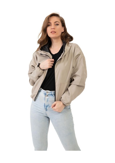 Spor Kadın Kapüşonlu Su Ve Rüzgar Geçirmez Oversize Yağmurluk - Rüzgarlık-132 Taş