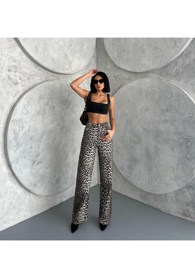 Zeo Basic Wide-leg Pantolon Leopar Desnli Bej Bej