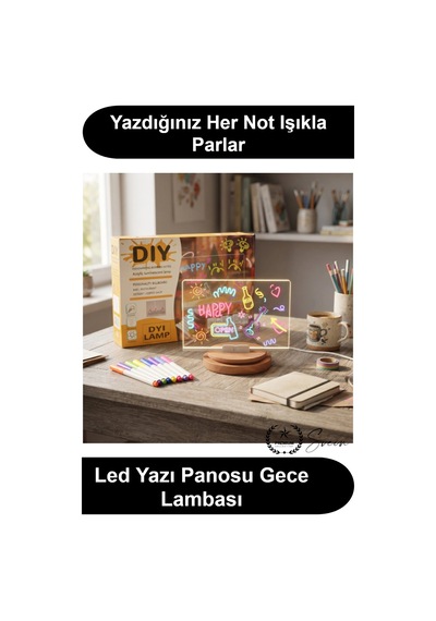 Ledyazıpanosu Dıy Işıklı Not Tahtası Gece Lambası Akrilik Masaüstü Mesaj Levhası 7 Renk Kalem 6 Çiz Standart