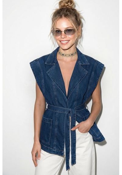 Shade Kadın Kuşak Bağlamalı Cepli Kruvaze Yaka Denim Yelek 3551 60286226 - Lacivert