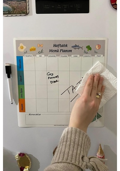 Haftalık Menü Planlayıcı Magnet Mıknatıslı Yazı Tahtası Buzdolabı Magneti Pano 30x30 Cm + Kalem Beyaz