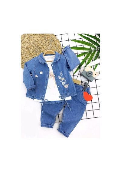2-3-4-5 Yaş Fermuarlı Kot Ceket Pantolon 3lü Kız Çocuk Takımı 001