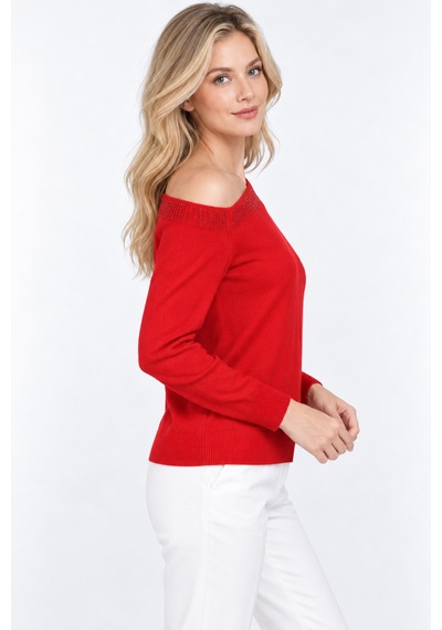 Bihan Store Kadın Triko Sandık Yaka Boncuk İşlemeli Bluz W27-2916-kırmızı