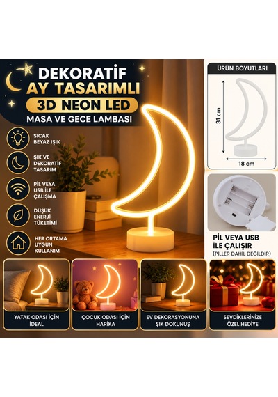 Kahveci.store Dekoratif Pilli Ay Tasarımlı 3d Neon Led Masa Ve Gece Lambası 22