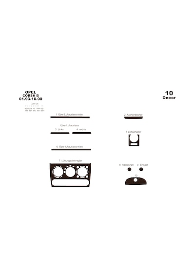 Opel Corsa B / Tigra / Combo Torpido Kaplama 1993-2000 10 Parça Koyu Meşe