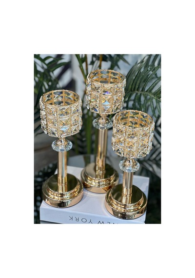 Kristal Kesim Taşlı 3'lü Lüks Şamdan Seti Gold Sarı - 701281072 Sarı - 701281072 Sarı