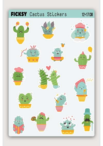 Sevimli Kaktüs Sticker Seti - 15 Adet Etiket Çıkartma Diğer