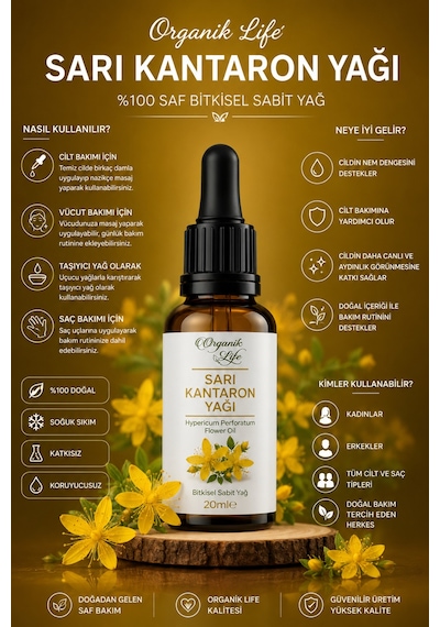 Sarı Kantaron Yağı 20 Ml %100 Saf Bitkisel Sabit Yağ Soğuk Sıkım Katkısız Doğal Bakım Yağı