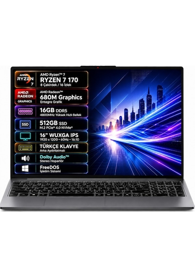 Lenovo IdeaPad Slim 3 (16", 10) 83K800DKTR-02 R7-170 16 GB 512 GB SSD 16" Free Dos Dizüstü Bilgisayar