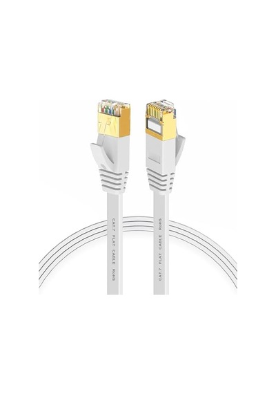 Cat7 Ethernet Kablosu 1 Metre - 10gbps Ye Kadar Veri Aktarımı - Fabrikasyon Rj45 Konnektörlü - Yassı Flat Tasarım - 600mhz - Beyaz