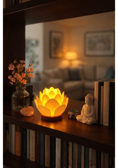 Lotus Çiçeği Tasarımlı Dekoratif Obje Pilli Mum İle Kullanım Ev Dekorasyonu Hediye Alternatifi Kahve Beyaz