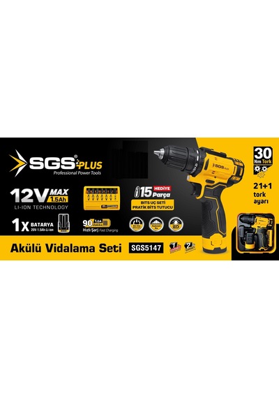 Sgs5147 - 12 Volt Akülü Vidalama Seti 1.5 Amper + 15 Parça Bits Uç Seti