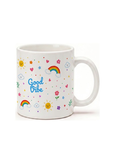 Good Vibe-stay Positive Yazılı Desenli Kupa Bardak - Komik Tasarım Baskılı Seramik Hediye Kupa Bardak Çok Renkli