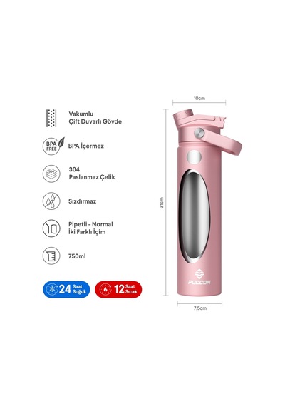 Puccon 750 Ml Pembe Paslanmaz Çelik Termos/matara/suluk