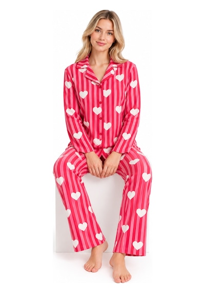 Sleeeproom Kadın Süet Düğmeli Mevsimlik Çizgili Kalp Desen Pijama Takımı Kırmızı Kalpli