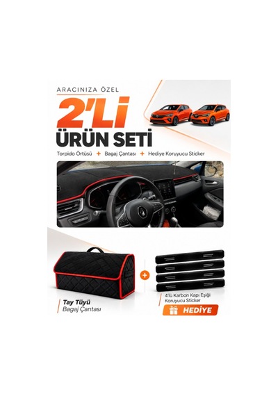Renault Clıo 5 2019-2026 Uyumlu Torpido Örtüsü + Tay Tüyü Bagaj Çantası + Sticker - Siyah Kırmızı