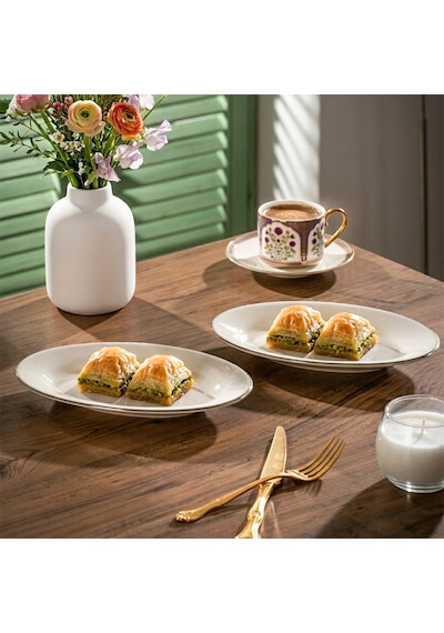 Porsima 4443 Gardenya Porselen Platin Fileli Kayık Tabak Seti - Oval Kahvaltılık Sunumluk Seti 20cm Beyaz