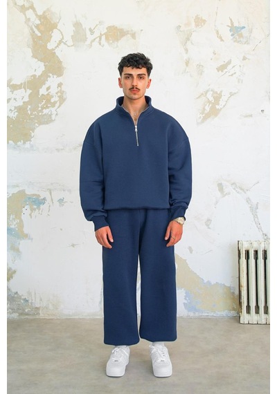 Lacivert Cozy Basic Yarım Fermuar Oversize Sweatshirt Lacivert