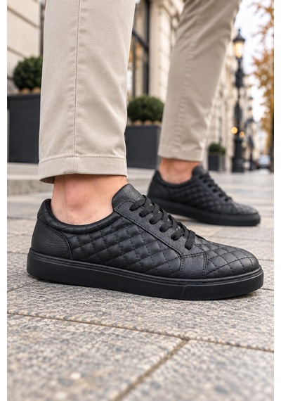Mevese Egitserp Bağcıklı Cilt Kapitone Desenli Erkek Günlük Sneaker Ayakkabı - Kömür