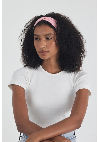 Butikgiz Beyaz Kısa Kol Bisiklet Yaka Vücuda Oturan Kaşkorse Crop + Bandana Set %100 Pamumklu, Esnek Rahat Beyaz-pembe