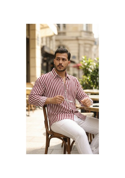 Butik İstanbul Erkek Dikey Çizgili Yarım Oversize Gömlek Bord