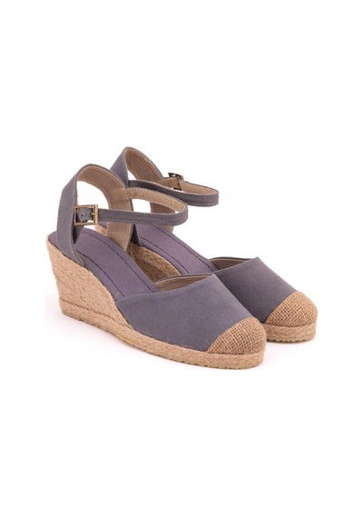 Star Tombis Gerçek Elişi Topuğu Açık Burnu Hasırlı Bilekten Bantlı Dolgu Topuk Keten Hasır Espadril Handmade Gri