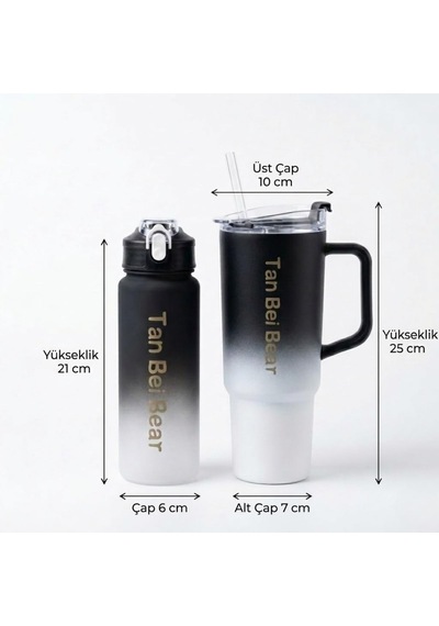 2 Li Matara Ve Pipetli Mug Bardak Seti 900 Ml Spor Suluk + 1500 Ml Pipetli Termal Mug Bardak, Günlük Kullanım İçin İçecek Seti Siyah Çok Renkli